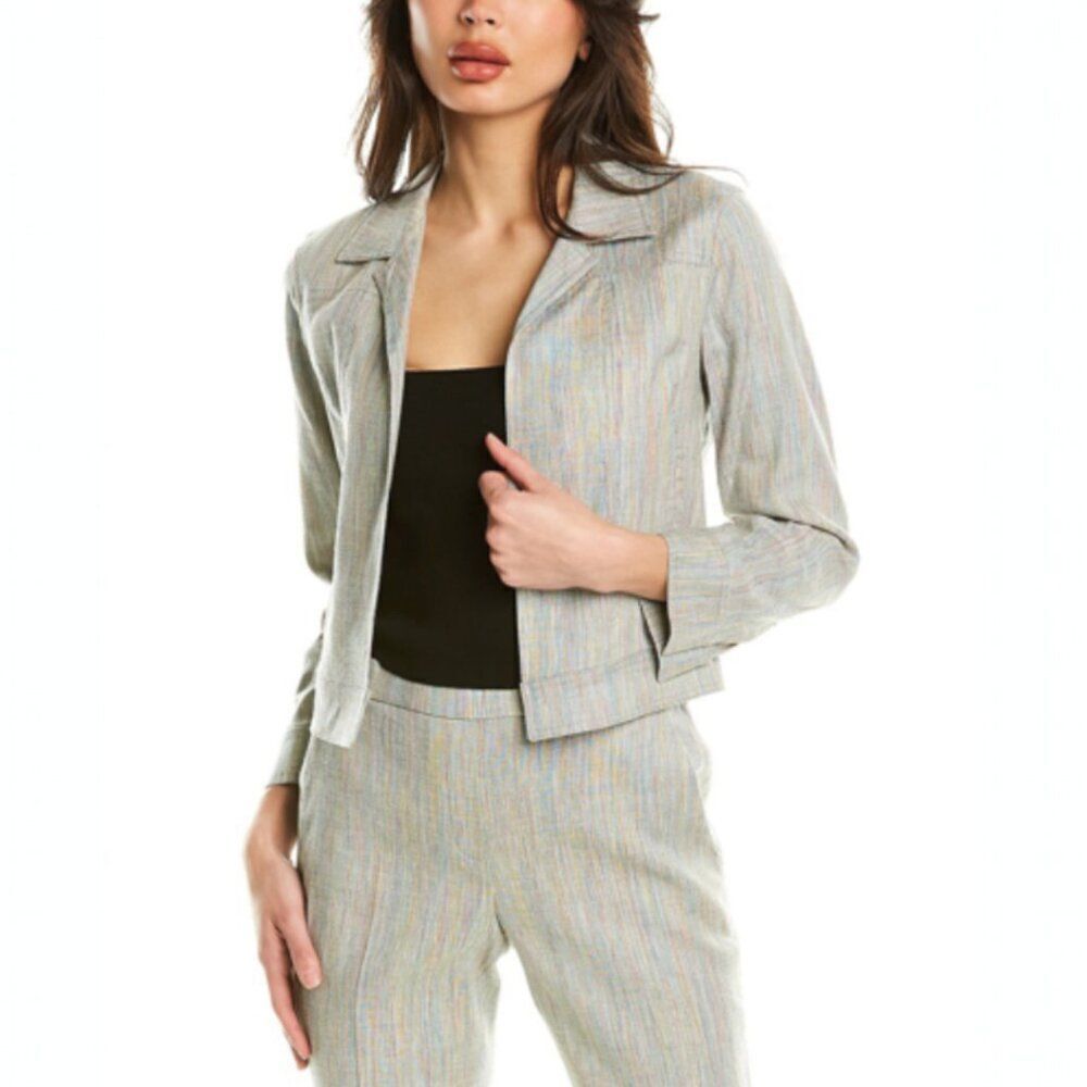 Theory Shrunken Linen Blend Multi-Stripe Cropped Jacket Women's XS Petite